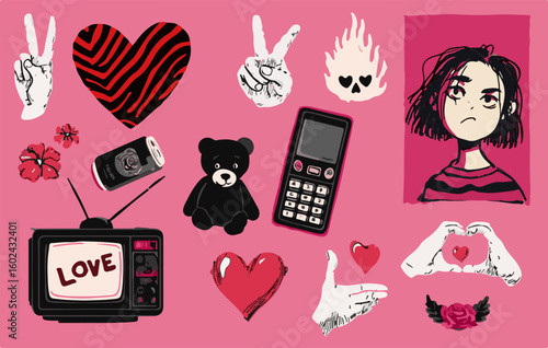 Hand-drawn vector illustration in a grunge cartoon style features edgy icons like hearts, a TV, peace signs, a phone, a bear, and a girl’s portrait, using bold black, pink, and red tones.
