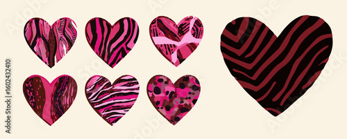 Vector illustration displays a grid of heart-shaped patterns, embodying a modern abstract art style. Purple, red, and black dynamic shapes inspired by zebra and leopard prints.