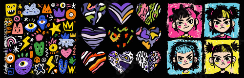 Vibrant vector illustration uses a bold doodle cartoon style with colorful icons, patterned hearts, and expressive portraits on a black background. Colors include yellow, pink, purple, blue.