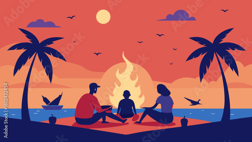 family sitting campfire beach glowing