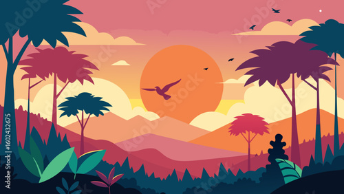 rainforest clearing sunset birds colorful