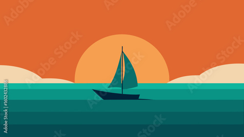 Vector Small Sailboat Sunset Teal Ocean