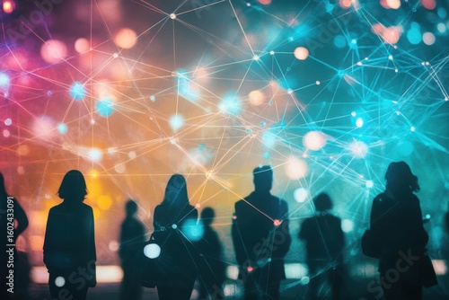 Diverse silhouettes connected by glowing network lines people connections