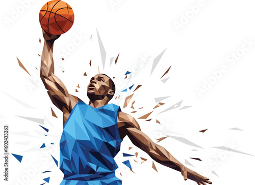 Cad drawing flat vector illustration, polygonal basketball player dunking, dynamic airborne pose, athletic energy design, geometric sports action icon