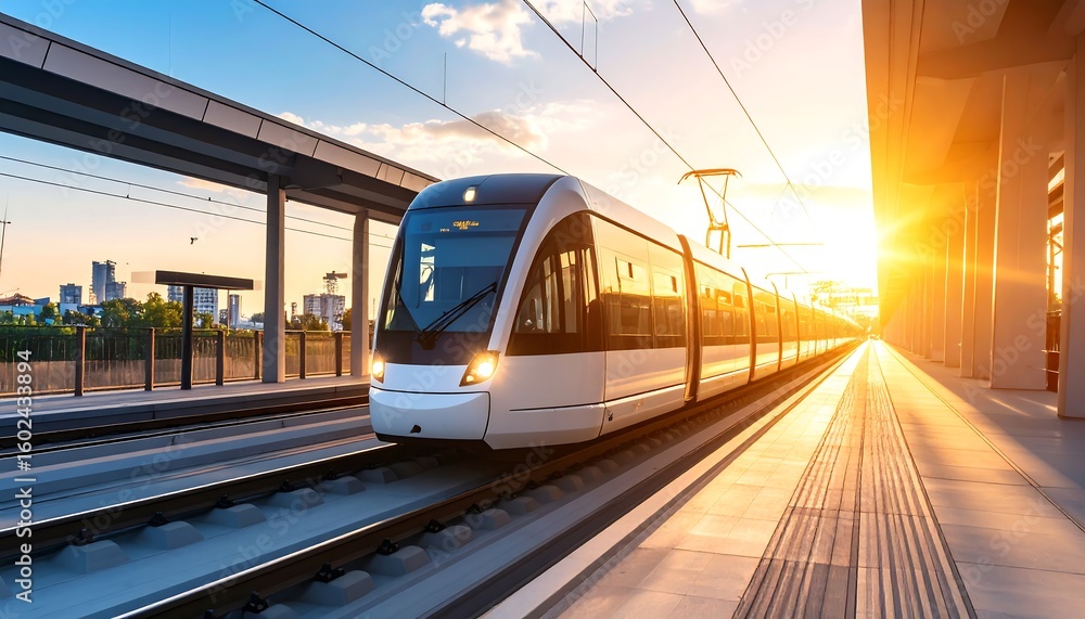Fototapeta premium Modern City Train Arriving at Station During Sunset