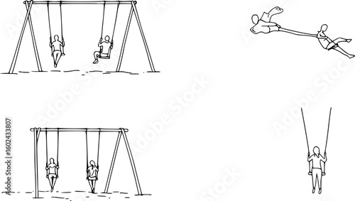Minimalist Ink Art Depicting a Swingset and Swinging Figures with Clean Lines on Pastel Paper, Set Against a Dreamy Cloud Background, Perfect for Soft and Artistic Design Projects