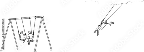 Minimalist Ink Art Depicting a Swingset and Swinging Figures with Clean Lines on Pastel Paper, Set Against a Dreamy Cloud Background, Perfect for Soft and Artistic Design Projects