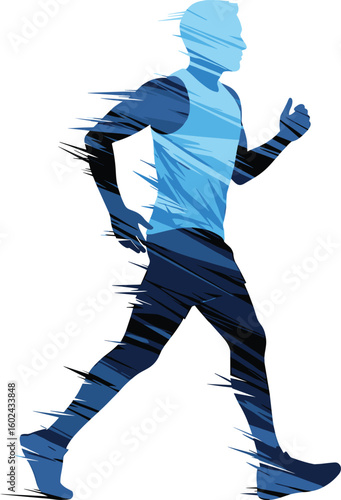 Cad drawing flat vector illustration, abstract runner silhouette in motion, blue dynamic sports energy design, athletic sprint icon concept