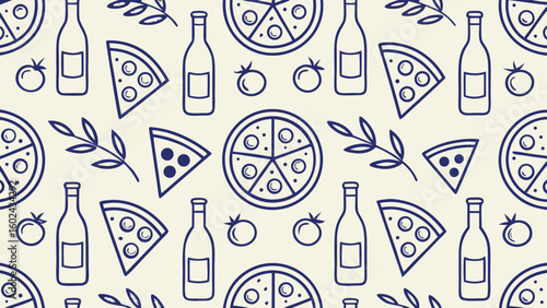 Wallpaper Mural Blue line art pizza and wine pattern on cream background Torontodigital.ca