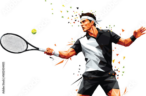 Cad drawing flat vector illustration, polygonal tennis player hitting ball, geometric motion design, dynamic sports energy icon, athletic action concept