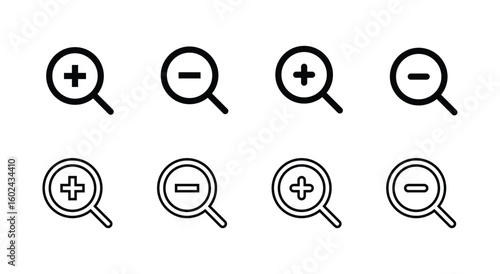Vector Magnifying Glass Icons Set - Zoom In, Zoom Out, Plus, Minus - User Interface UI Design