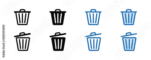 Trash Bin Icons Set - Open and Closed Bins for Clean-up, Disposal, and Waste Management