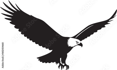 Majestic bald eagle in flight silhouette with wings spread wide