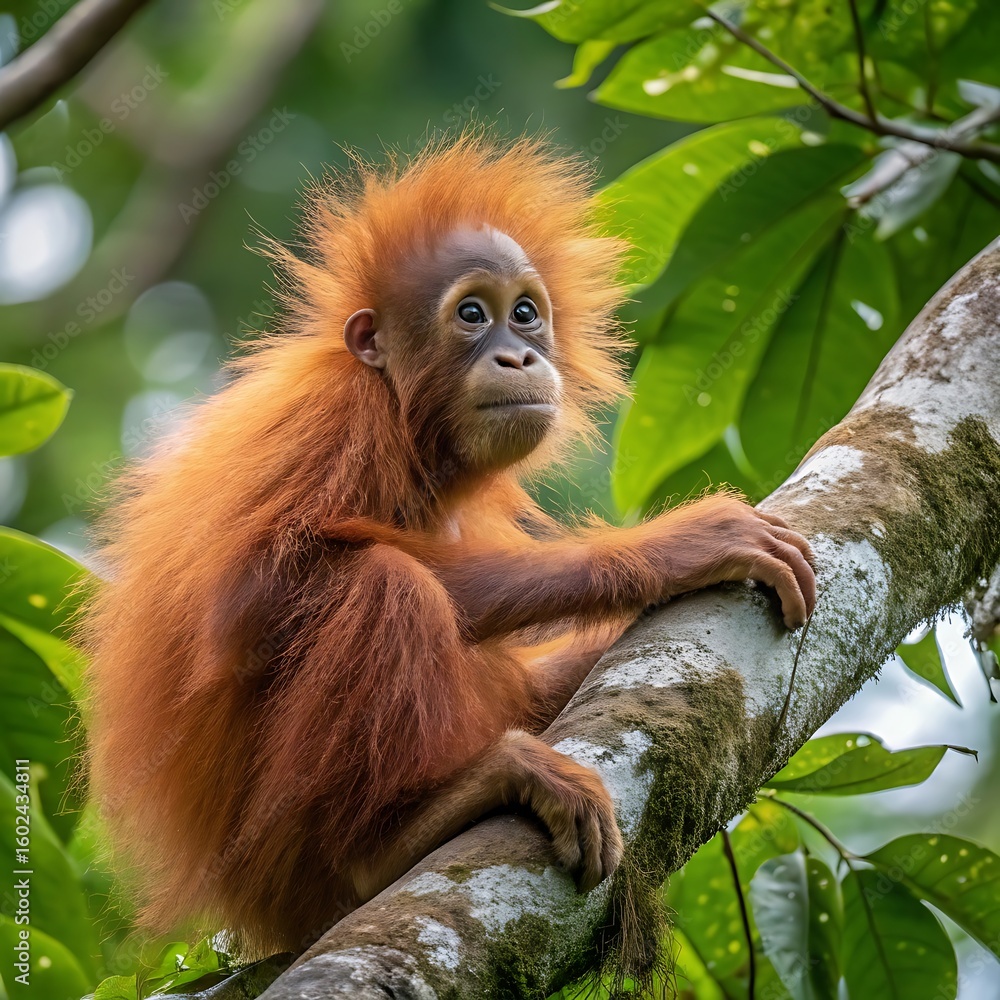 Fototapeta premium Young orangutan with shaggy orange fur sits on a tree branch in a lush green forest