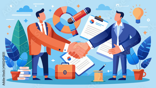 Two businessmen making a handshake with huge hands in a bright office. Comical business agreement with giant handshake in professional workspace illustration.


