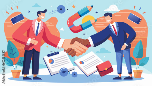 Two businessmen making a handshake with huge hands in a bright office. Comical business agreement with giant handshake in professional workspace illustration.

