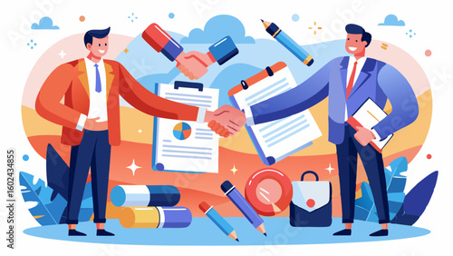 Two businessmen making a handshake with huge hands in a bright office. Comical business agreement with giant handshake in professional workspace illustration.

