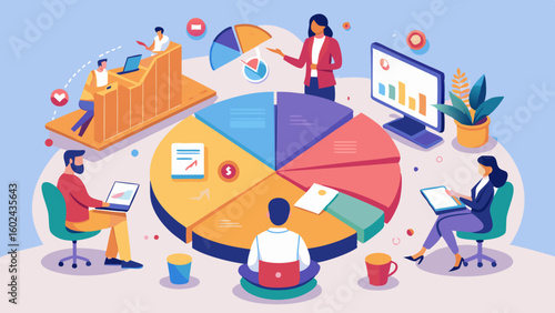 Business analysts discussing oversized pie chart during corporate meeting. Giant financial chart showing market segments in professional workspace.

