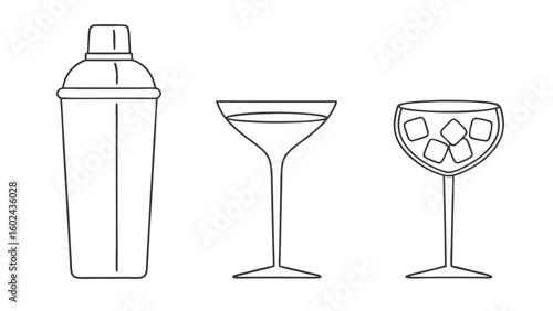 Minimalist line drawing of cocktail shaker and glasses