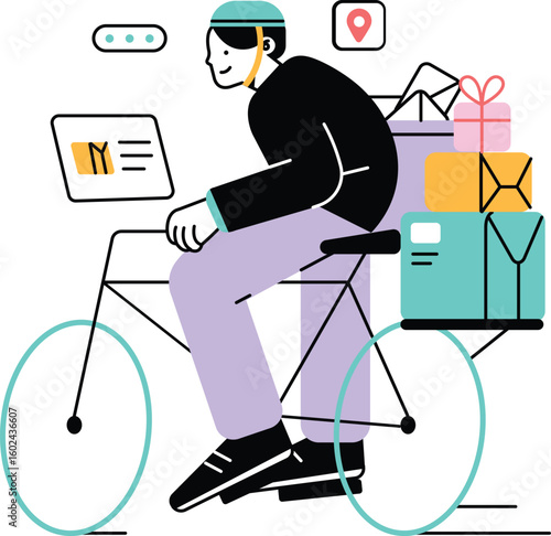A digital illustration shows a person biking with a light blue helmet and black clothing. The cyclist has a cheerful expression and is carrying several colorful gift boxes on the bike. The background 