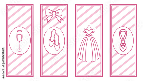 Pink outlined celebratory objects on striped panels