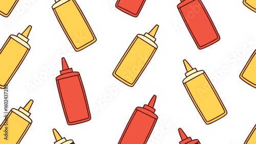 Red and yellow ketchup and mustard bottles seamless pattern