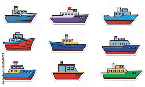Colorful Set of Cartoon Ship and Boat Stickers