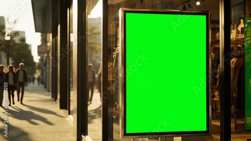 A Vertical Digital Advertising Screen with a Green Screen Positioned at the Entrance of a Modern Clothing Store, Ideal for Retail and Fashion Mockups.
