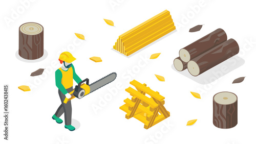 Isometric view of lumberjack with chainsaw and cut wood logs and stacked lumber on white background