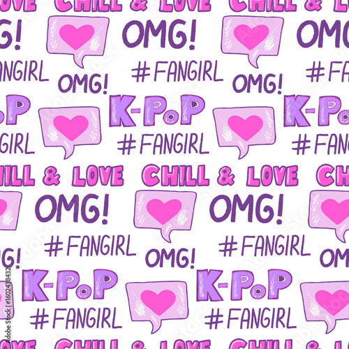 A vibrant design showcasing playful text and symbols related to K-pop culture, emphasizing fandom, love, and excitement, ideal for various trendy applications.