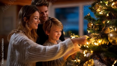 A family decorates a Christmas tree together, sharing joyful moments of holiday cheer and festive warmth. It evokes the spirit of togetherness