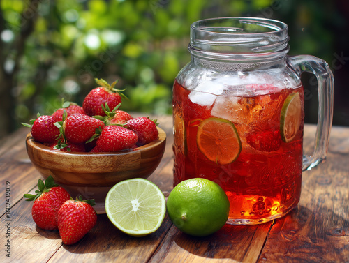 Wallpaper Mural Refreshing strawberry lime iced tea with fresh ingredients on wooden table Torontodigital.ca