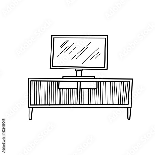 A modern TV stand features a minimalist design with clean lines and a spacious surface for a television. The stand has two drawers, enhancing storage while complementing contemporary interiors.