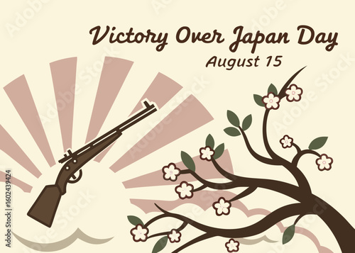 flat vector with broken weapons turning into flowers and branches, symbolizing peace for v-j day, great for inspiring anti-war materials