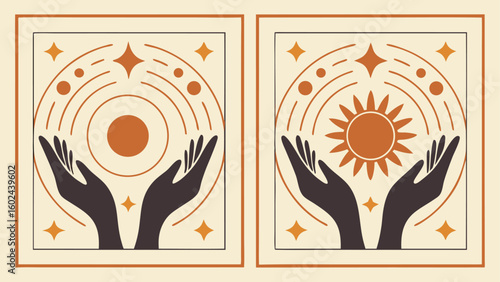 Two minimalist boho celestial illustrations with hands