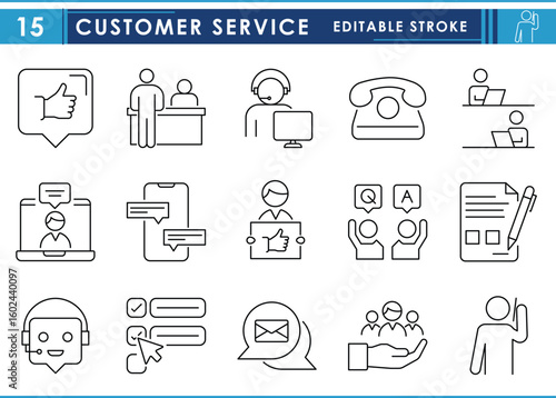 A set of line icons related to Customer Service. Customer, care, feedback, ask, questions, support, call, internet, live chat, and so on. Vector editable stroke.