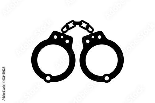 Illustration of a pair of black metal handcuffs connected by a chain link