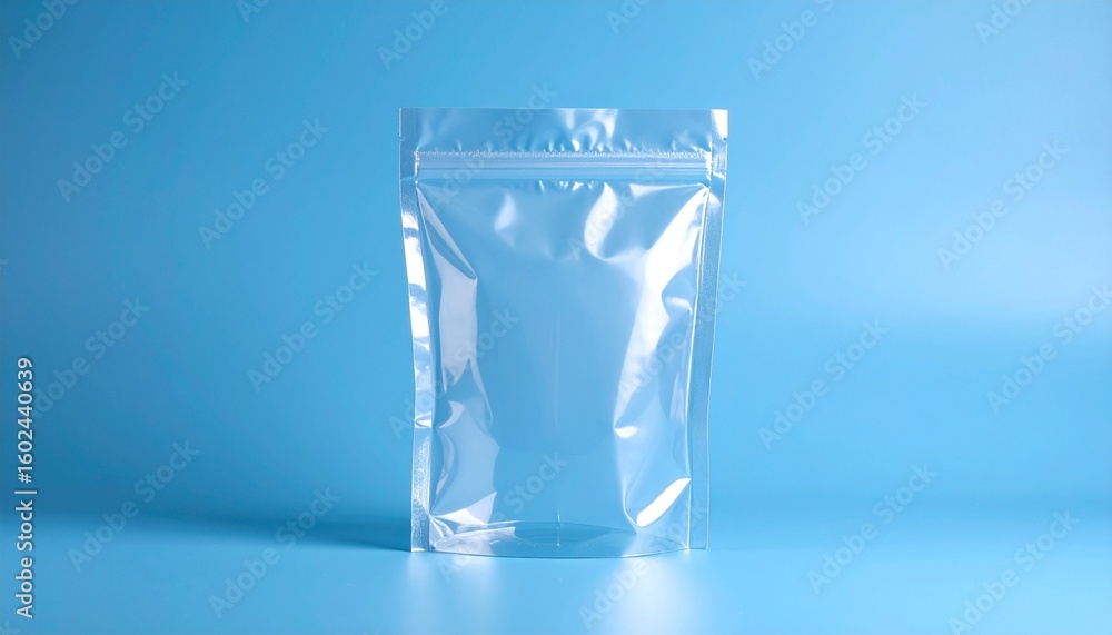 Empty plastic pouch with blue background. Front view Empty plastic pouch with blue background. Front view