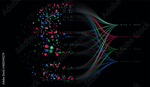 Colorful data points connected by lines on a black background.