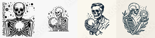 Skeleton holding a crystal ball. Funny Happy Retro Cartoon Clipart Silhouette Line Art Vector Illustration. Bony figure with gleaming orb an eerie divination theme.