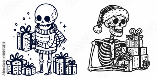 A Skeleton giving wrapped presents Christmas. Funny Happy Retro Cartoon Clipart Silhouette Line Art Vector Illustration. Bony figure offering boxed gifts holiday season celebration.