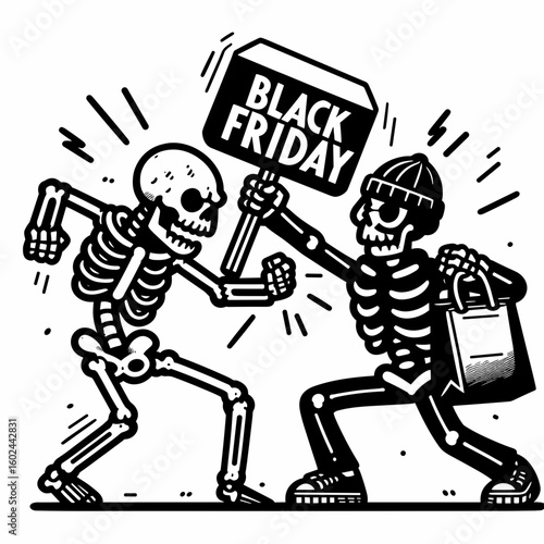 A Skeleton fighting over discount item Black Friday. Funny Happy Retro Cartoon Clipart Silhouette Line Art Vector Illustration. Bony figure dispute cheap good thanksgiving deal day.