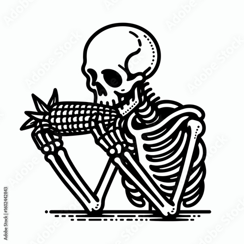 A Skeleton eating corn on the cob Independence Day. Funny Happy Retro Cartoon Clipart Silhouette Line Art Vector Illustration. Bony figure devouring maize for holiday party patriotic.