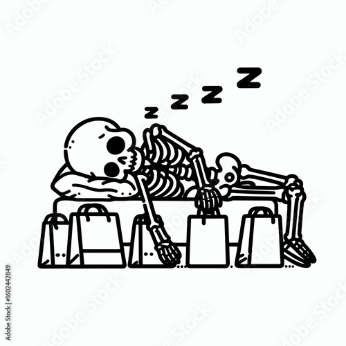 A Skeleton falling asleep shopping Black Friday. Funny Happy Retro Cartoon Clipart Silhouette Line Art Vector Illustration. Bony figure dozing during autumn bargain hunt.