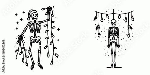 A Skeleton hanging Christmas lights Christmas. Funny Happy Retro Cartoon Clipart Silhouette Line Art Vector Illustration. Bony figure decorating holiday illumination joyful season.