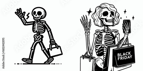 A Skeleton high fiving shopping buddy Black Friday. Funny Happy Retro Cartoon Clipart Silhouette Line Art Vector Illustration. Bones giving palm celebration to chum for bargain hunting.