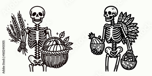 A Skeleton holding cornucopia basket Thanksgiving. Funny Happy Retro Cartoon Clipart Silhouette Line Art Vector Illustration. Spooky figure carrying harvest horn of plenty fall holiday.