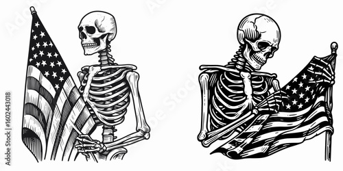 A Skeleton holding folded flag Veterans Day. Funny Happy Retro Cartoon Clipart Silhouette Line Art Vector Illustration. Bony figure displaying honor pennant remembrance day tribute.