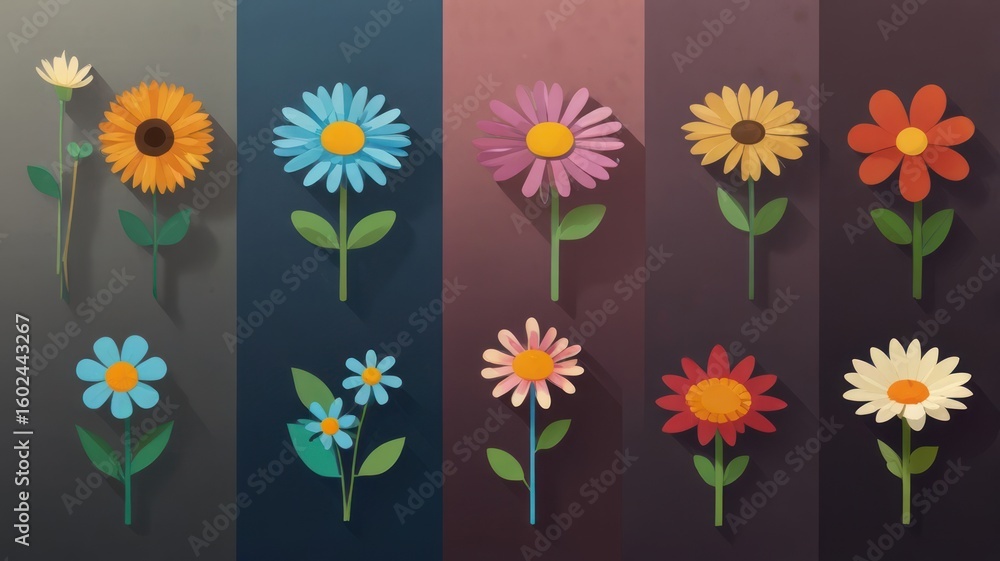 Obraz premium Collection of colorful, stylized flowers with long shadows on a dark, graded background
