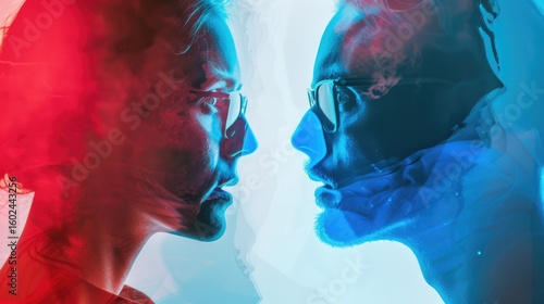 Silhouette of two people talking to each other, detailed, Double exposure.